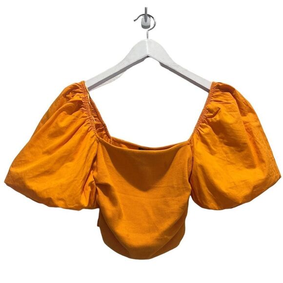 Zara Neon Orange Puff Sleeve Ruched Crop Top - Picture 5 of 9